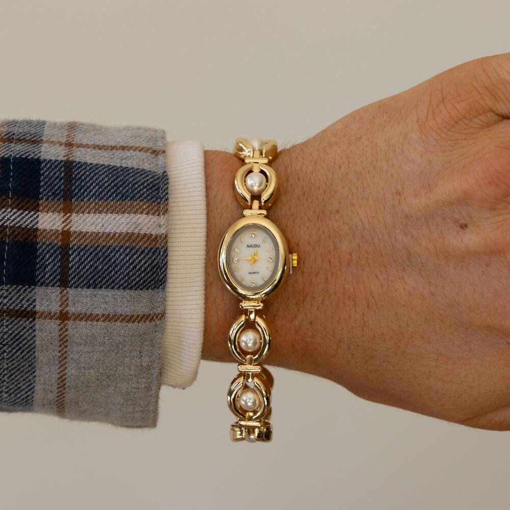 Y2K Gold Quartz Watch with Linked Band & Round Dial Unisex 8.5" New